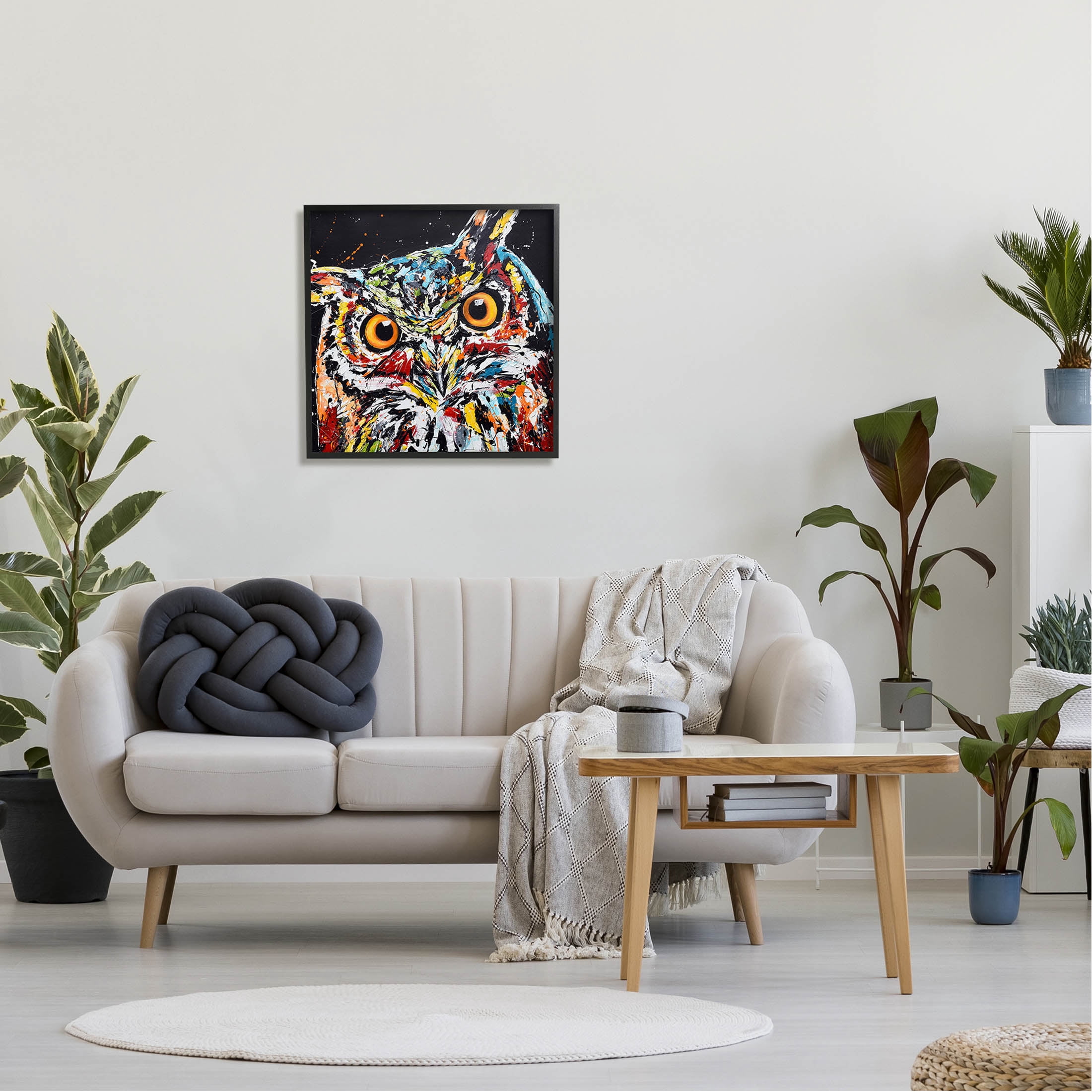 Street Style Horned Owl Splatter Animals & Insects Painting Black Framed Art Print Wall Art