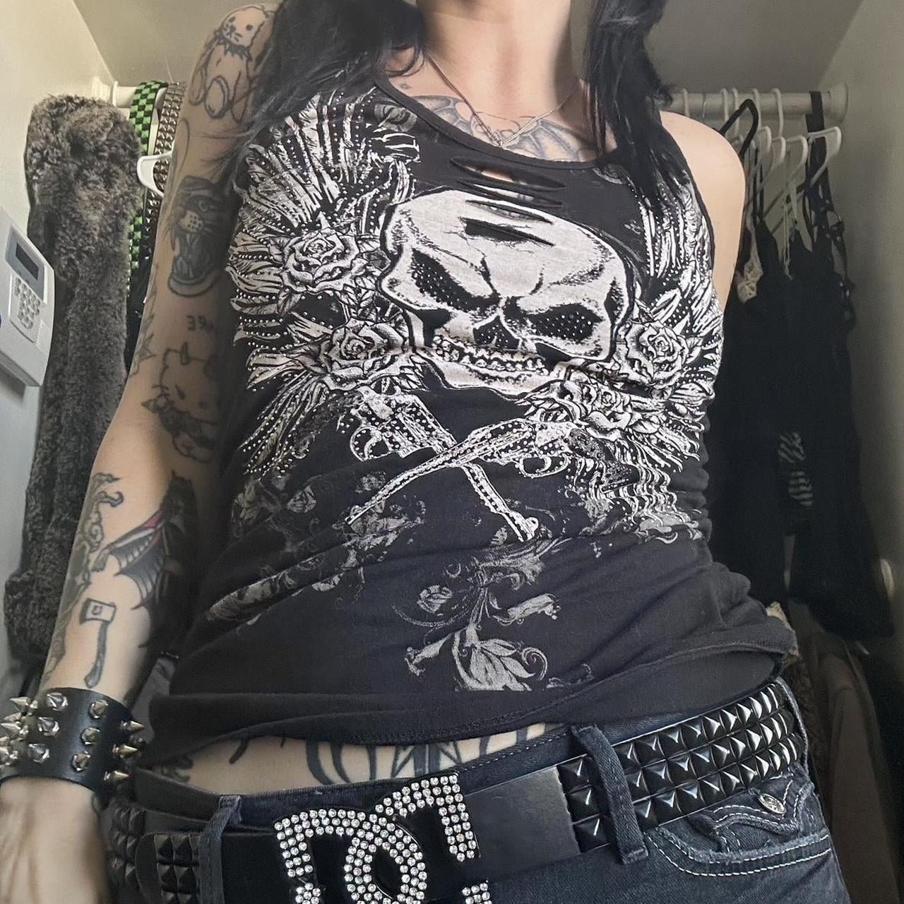 2000s Skull Wing Print Tank Tops Cyber Grunge Y2K Graphic