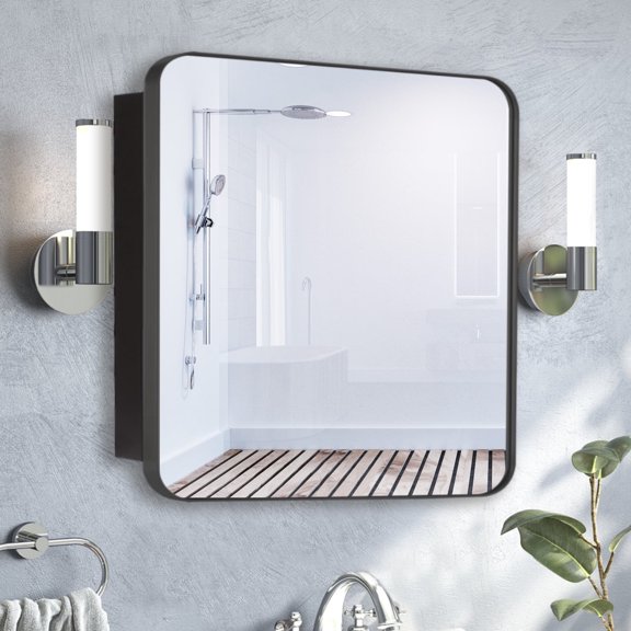 FUMANGO 28x28 Inch Black Metal Frame Wall Mounted Recessed Bathroom Medicine Cabinet with Mirror, Rounded Rectangular Medicine Cabinet