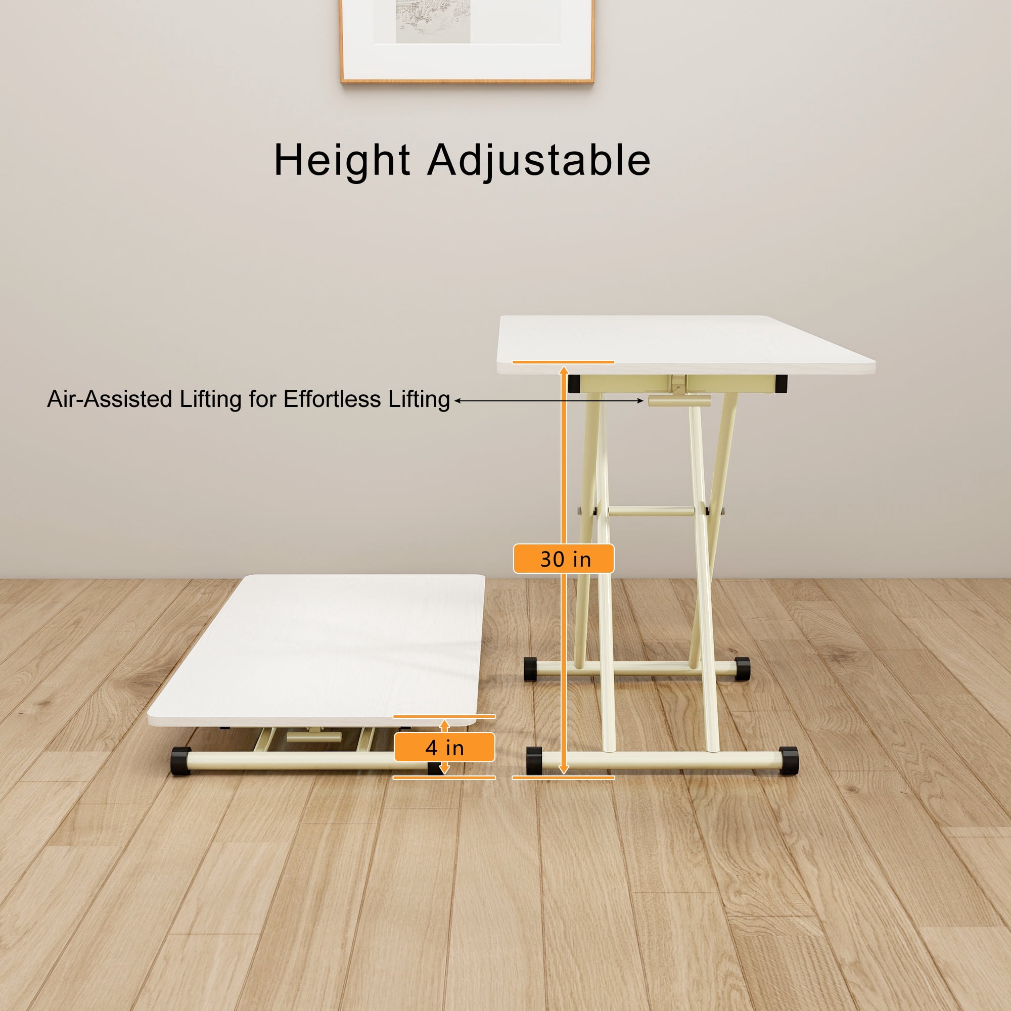 Adjustable Standing Table 39.37 Inch, Portable Folding Desk with Rolling Wheels, Height Adjustable Table for Indoor and Outdoor Use, No Assembly Required, White