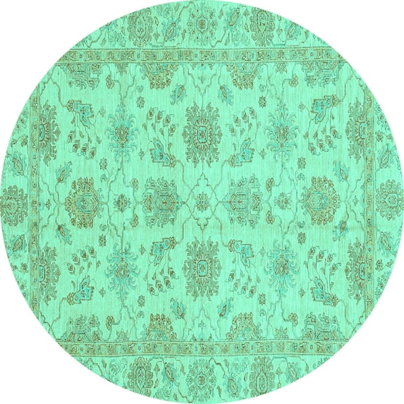 Ahgly Company Machine Washable Indoor Round Oriental Turquoise Blue Traditional Area Rugs, 4' Round