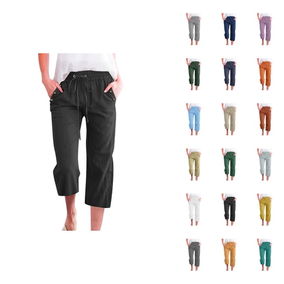 Capri Pants for Women Cotton Linen Summer Casual Lightweight Elastic Waist Straight Leg Cropped Sweatpants with Pockets