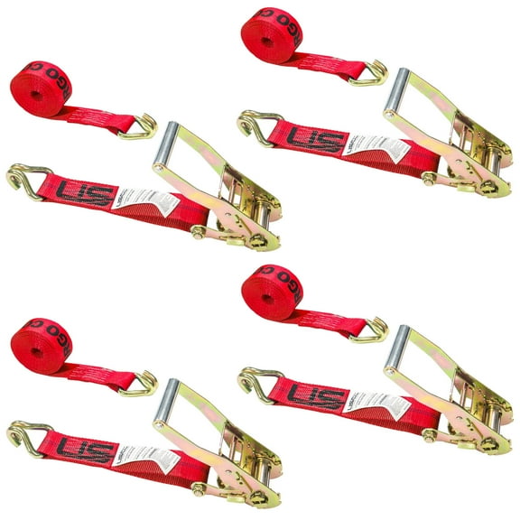 2" x 12' Red Ratchet Strap w/ Double J Hook - 4 Pack