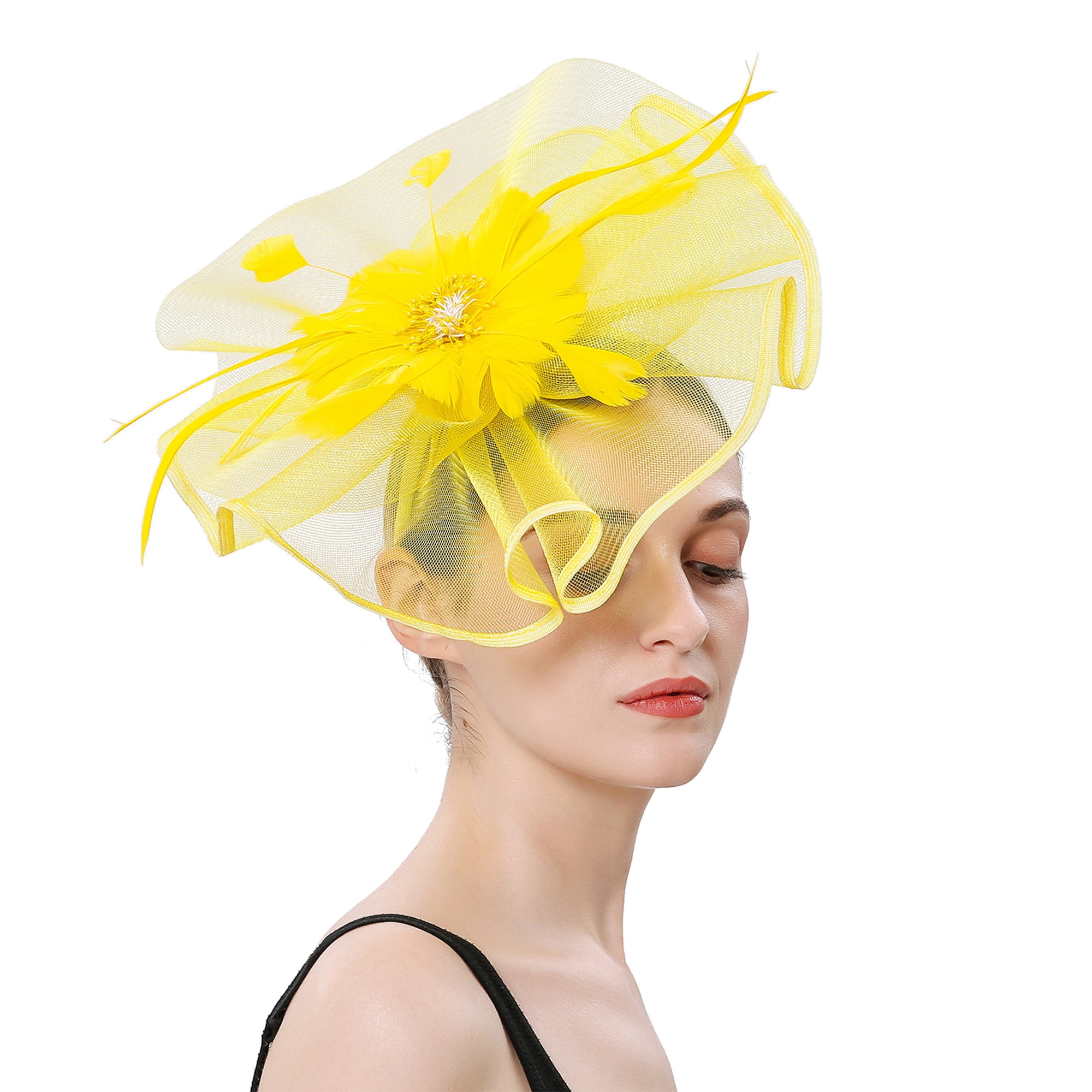 SHIBAOZI Women 50s Fascinators Hat with Veil Cocktail Party Headband Flapper Headpiece Derby Wedding Party Hat, Women's, Size: One size, Yellow