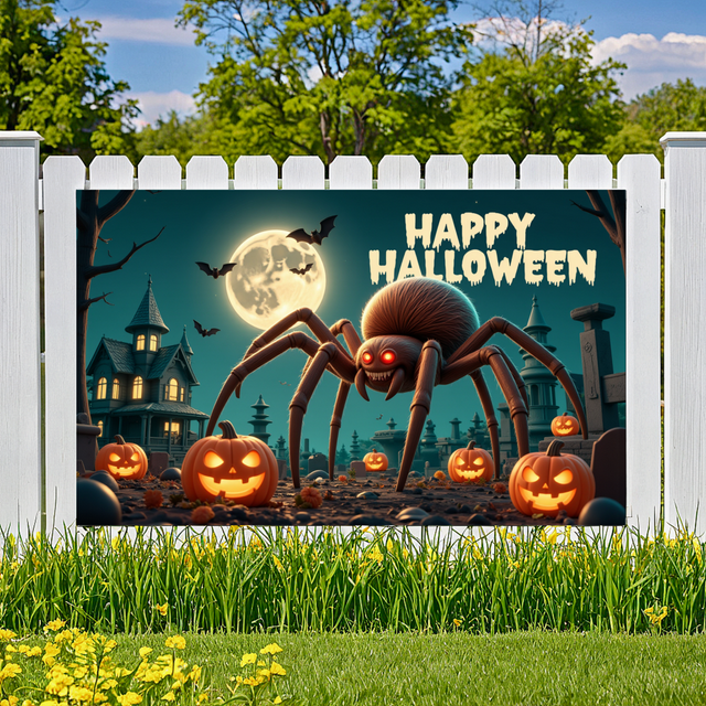 Creepy Spider Halloween Banner Haunted House Gothic Design Spooky Pumpkin Scary Scene for Holiday Party Decoration