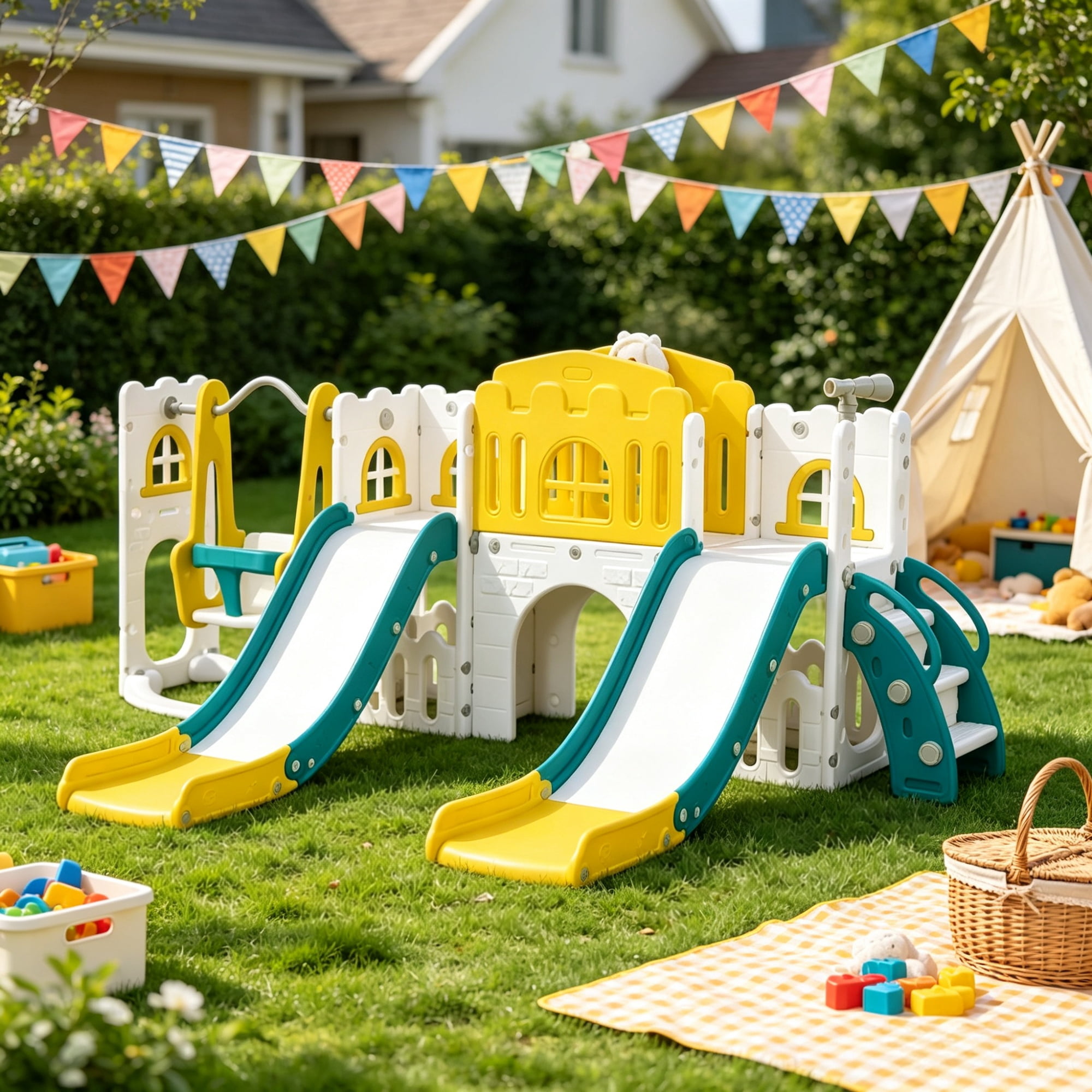 8-in-1 Toddler Playground Set, Slide & Swing, 2 Slides, Basketball Hoop, Climber, Storage Telescope, Yellow
