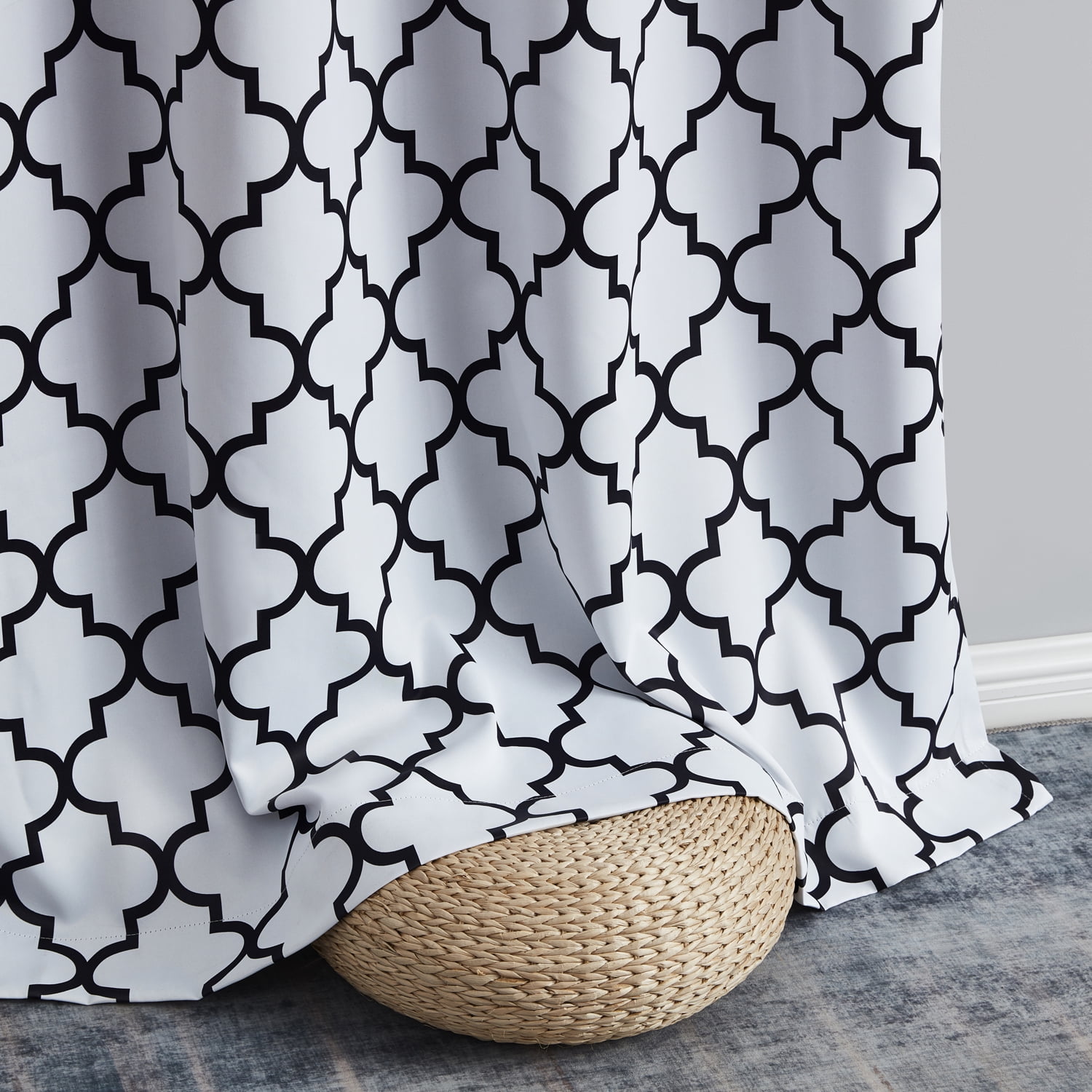 THD Moroccan Trellis Lattice Decorative Blackout Thermal Privacy Room Darkening Grommet Window Drapes Curtain Panels for Bedroom - Set of 2 (Platinum White Black, 37 W x 72 L)