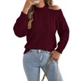 thumbnail image 3 of Women Cable Openwork Hollow Cut Out Cold Shoulder Crew Neck Long Sleeve Loose Pullover Sweater Wine Red M, 3 of 9