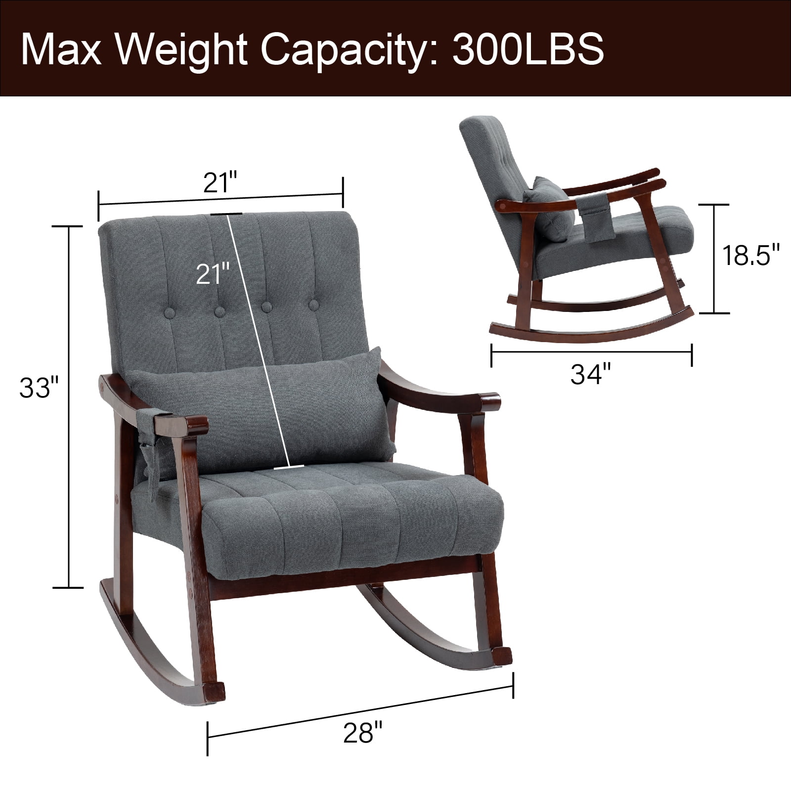 Rocking Chair with Massage Lumbar Support,Upholstered Glider Chair with Side Pocket, Nursery Rocker with High Backrest,Rubber Wood Legs, Rocking Accent Armchair for Living Room Bedroom Nursery