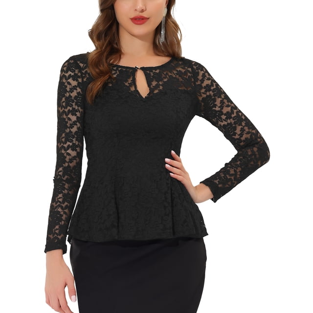 INSPIRE CHIC Women's Top Lace Keyhole Front Peplum Hem Sheer Long Sleeve Blouse L Black
