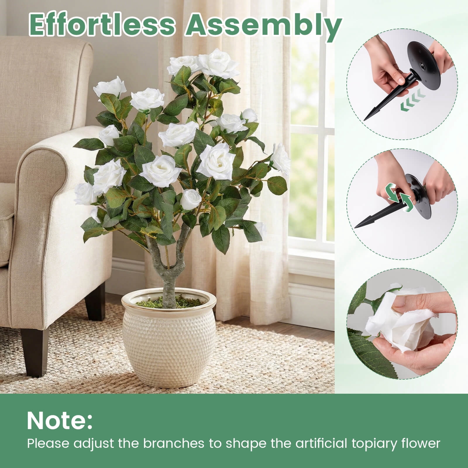 Costway 2 Pack Artificial Rose Flower Trees,31.5" with Spikes,186 Leaves & 18 White Flowers White + Green