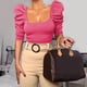 thumbnail image 5 of Camiseta informal de manga abombada con cuello redondo para mujer, camiseta ajustada acanalada de Color puro, Top rosa rojo XXL, 5 of 7