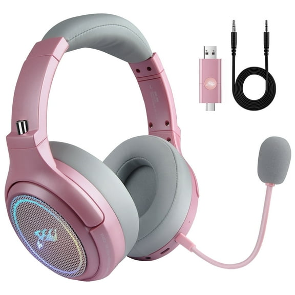 Wireless Gaming Headset,2.4G/Bluetooth Gaming Headphones w/Detachable Noise Cancelling Mic,Stereo Surround RGB Noise Cancelling Over Ear Headphones,3.5mm Wired for PS4 PS5 Xbox PC,Pink,FCC Approved