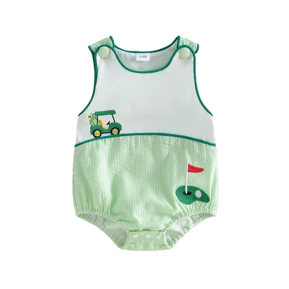 Cenuakty Infant Baby Girl Boy Romper Sleeveless Crew Neck Golf Themed Embroidery Striped Print Jumpsuit