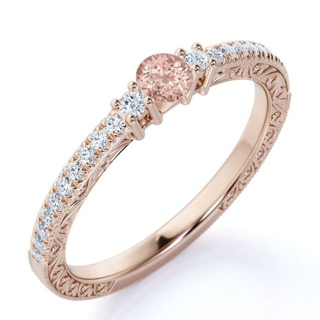 JeenMata Anillo de Compromiso Sencillo de 0,75 Uds, Morganita Rosa Redonda Creada, de Inspiración Vintage, Piedra Natal de Octubre, Delicado, Oro Rosa de 18 K sobre Plata