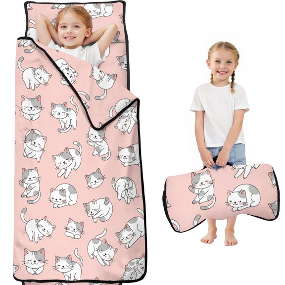 Kawaii Cat Pink Pattern Teens Toddler Nap Mat with Pillow, Sleeping Mat Bag for Preschool Daycare 59"x22"