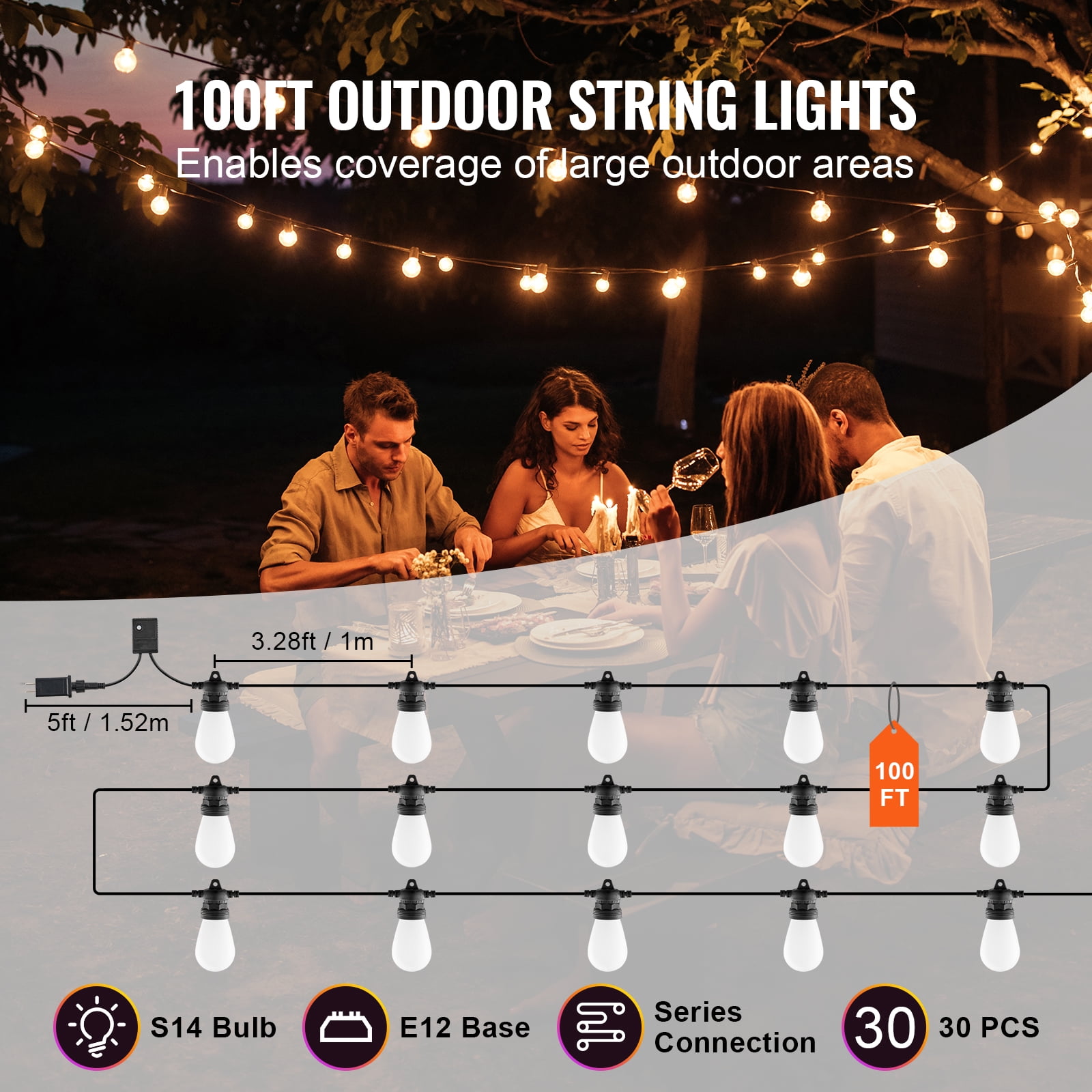 VEVOR RGB Outdoor String Lights, 100FT, Outside Patio Lights with APP Control 30 Bulbs, 15 Single-Color Adjustable Brightness Time Setting, Waterproof Hanging Lights for Halloween Decoration