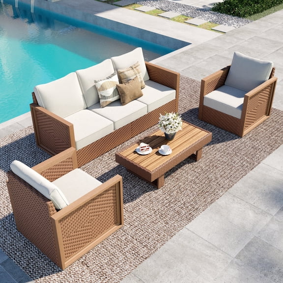 SUMMIT LIVING 4-Piece HDPE Outdoor Patio Furniture Set, Wicker Outdoor Patio Conversation Set with Wood-Grain Rattan Coffee Table, Beige