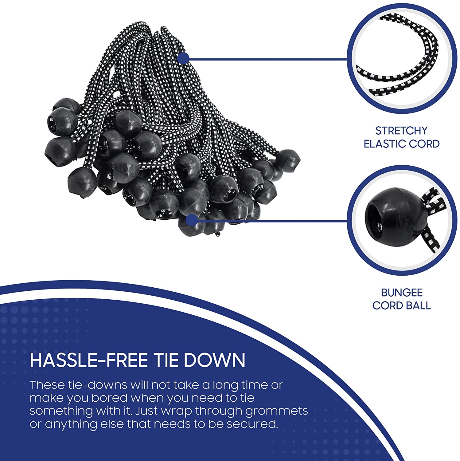 Tarps Now 9 Inches Tarp Bungee Ball Cords with Elastic String - Universal Bungee Cords Tarp Ties for Tarpaulin, Canopy, Straps, Tent, Poles, and Wires - Set of 100