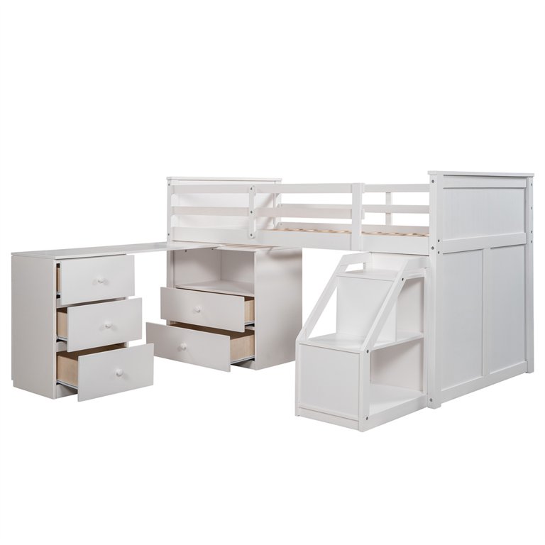 Stairway Loft Bed with Storage Steps and Movable Built-in