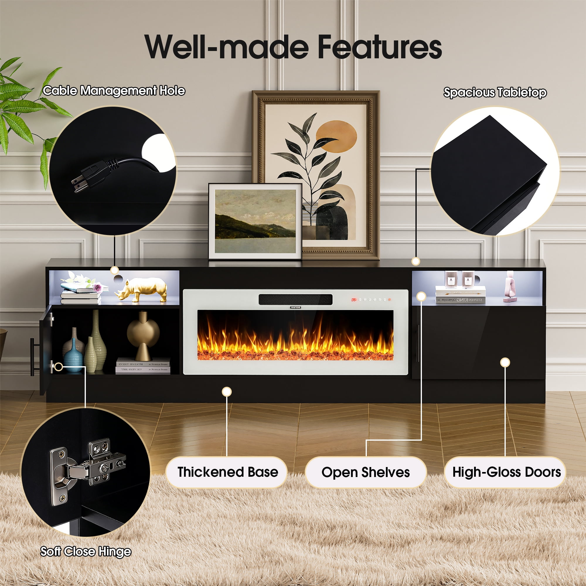 HARIPUL 80” TV Stand with 36" Electric Fireplace for TVs Up to 90 inch, LED Light Entertainment Center with High Gloss Door, Modern Media Console Cabinet for Living Room