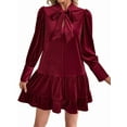 thumbnail image 2 of Female Loose Fit Bow-Tie Neck Long Sleeve Velvet Mini Babydoll Dresses Shift Dress Wine Red M, 2 of 10