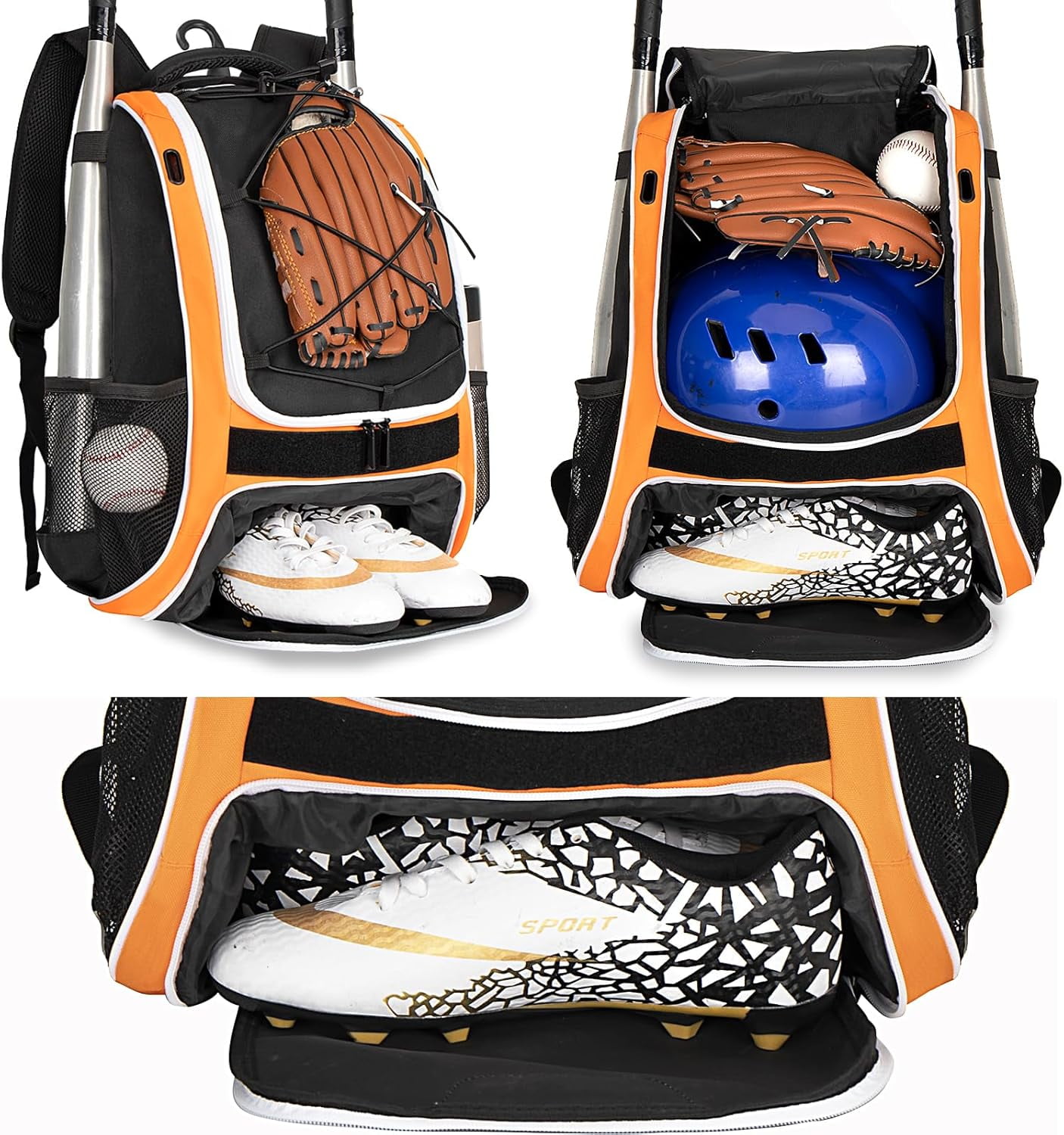 Youth Baseball Bag - Bat Backpack for Baseball, T-Ball & Softball Equipment & Gear, Bat & Glove Holder, Large Main Compartment for Helmet & accessories, Separate Shoes Compartment, Fence Hook
