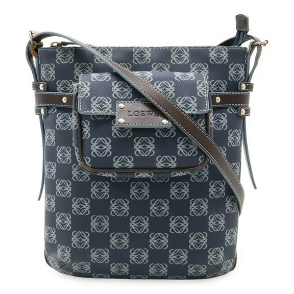 Pre-Owned LOEWE Anagram Shoulder Bag in PVC and Leather, Navy Dark Brown (Good)