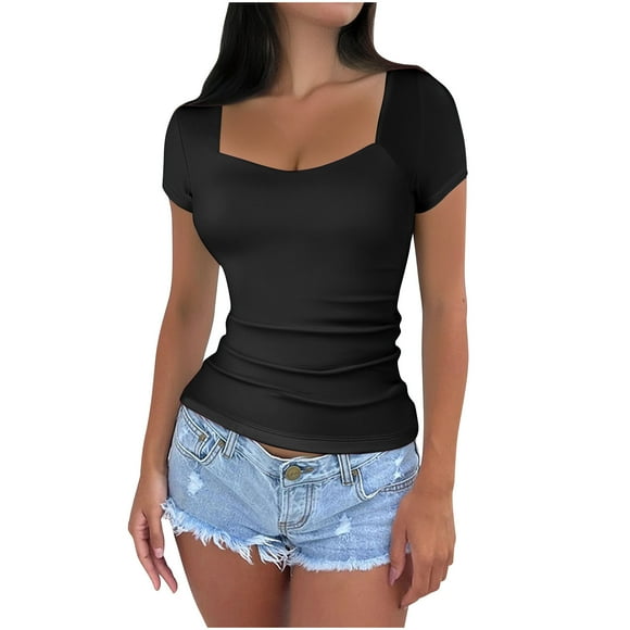 Womens Summer Tops V Neck Summer Tops Women Tshirts Shirts for Women Double Lined Going Out Crop Tops 2025 Spring Summer Workout Y2K Clothes Beach Fashion