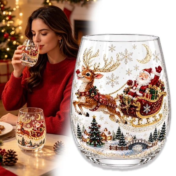 3D Christmas Glass Art Cup, Santa Snowman Reindeer Tree Drinking Glasses, Christmas Stemless Wine Glasses, 3D Drinking Glass Cup for Coffee Cocktails Whiskey Soda, Unique Christmas Gift(B)
