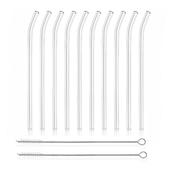 PMSSYPL12 Reusable Transparent Curved Glass Straws, 10 Curved Straws 2 Straw Cleaning Brushes, 7 Inches X 8 Millimeters, Suitable For Juice, Coffee, Cocktails, Smoothies