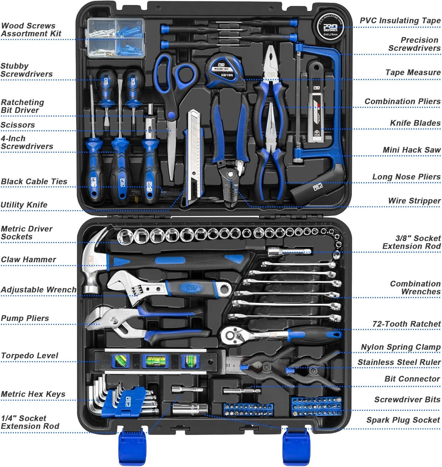 259-Piece Tool Kit, General Household Hand Tool Set with Plastic Storage Toolbox, Portable Complete Repair Tool Box for Home and Car (Blue)