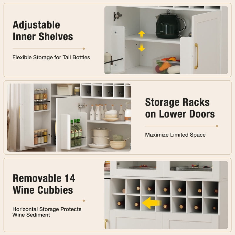 Tall Wine Storage Cabinet with Glass Doors, Freestanding Home Bar Pantry Cabinet with Goblet Rack & 18-Bottle Grid