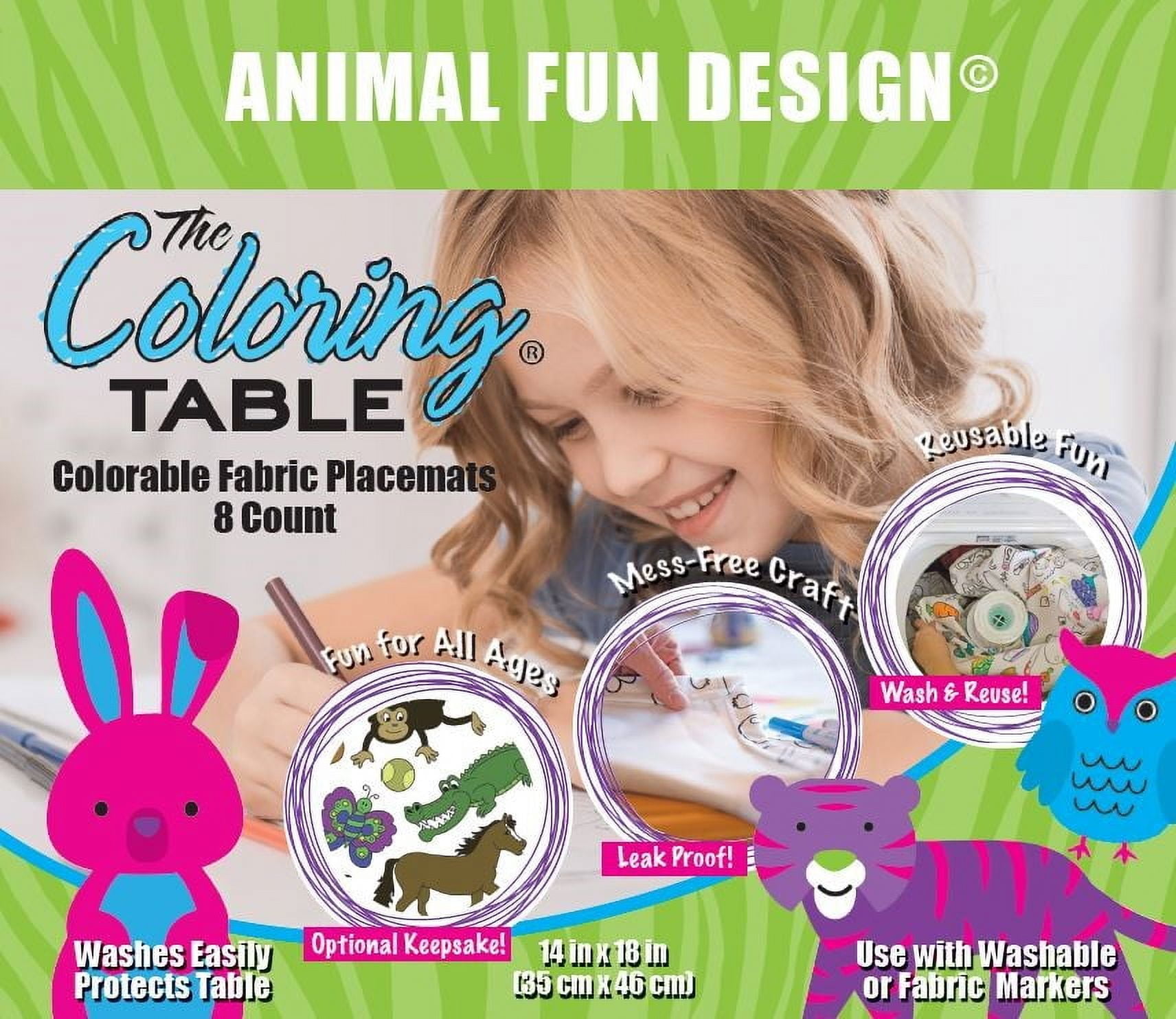 The Coloring Table - Animal Fun Design - Set of 8 Placemats (14"x18") - Fabric Coloring Placemats - Colorable Designs – Washable and Reusable – Coloring Activity for Children and Adults