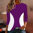 thumbnail image 5 of Htigea Color Block T-Shirts for Women 3/4 Sleeve Round Neck Tops Casual Trendy Slim Fit Tees Soft Comfy Daily Blouses Purple XXL, 5 of 9