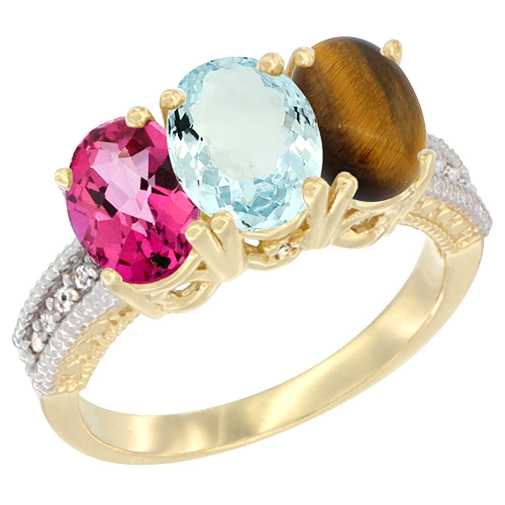 14K Yellow Gold Natural Pink Topaz, Aquamarine & Tiger Eye Ring 3-Stone 7x5 mm Oval Diamond Accent, sizes 5 10 by WorldJewels