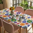 thumbnail image 3 of Retro Bohemia Floral Table Cloths for 5 Foot Rectangle Tables, Blue Purple Flowers Boho Style Beige Patio Waterproof Elastic Fitted Tablecloths, Washable Rectangular Table Cover for Camping, 3 of 8