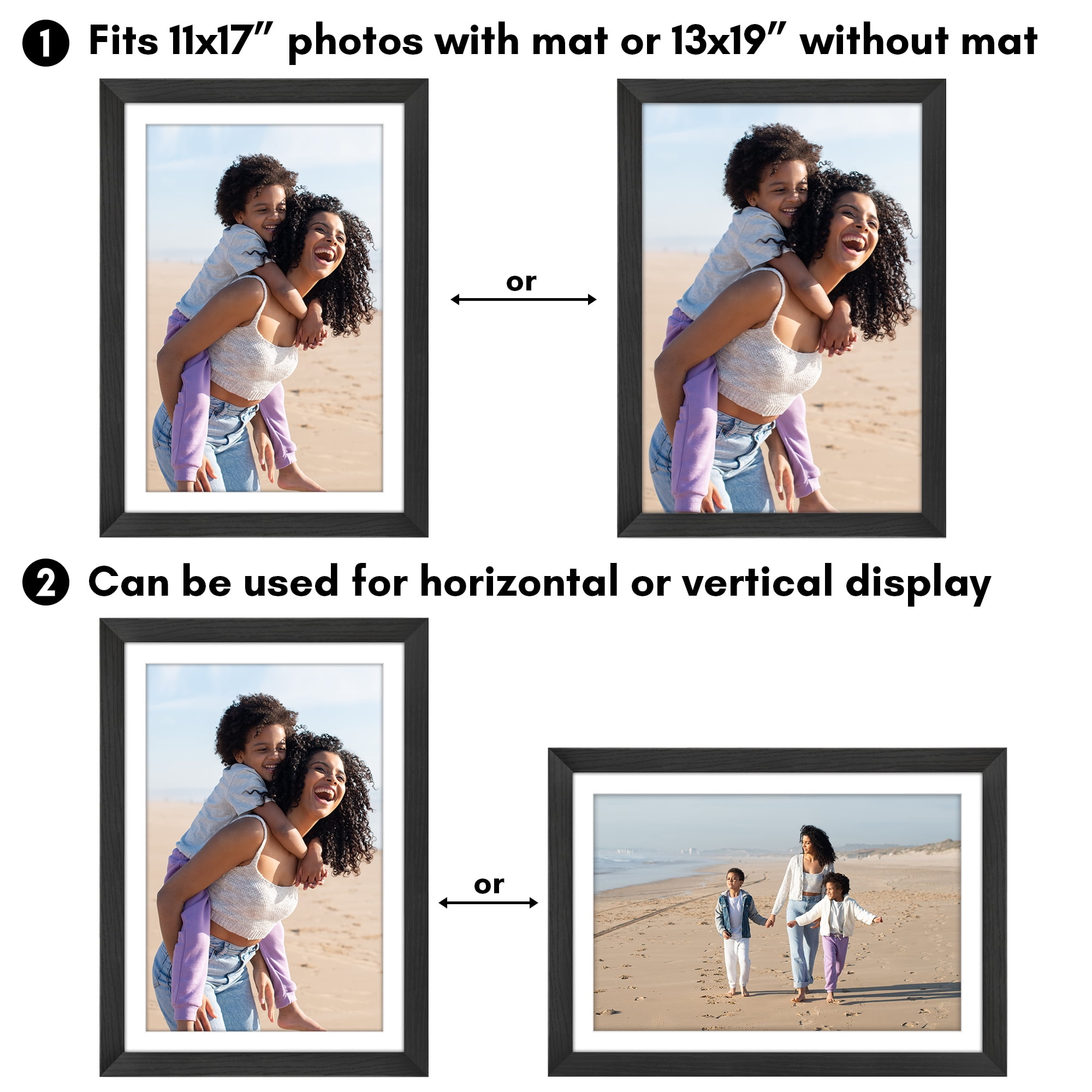 Americanflat 13x19 Picture Frame with Shatter-Resistant Glass with 11x17 Mat Display Photo Hudson - Black