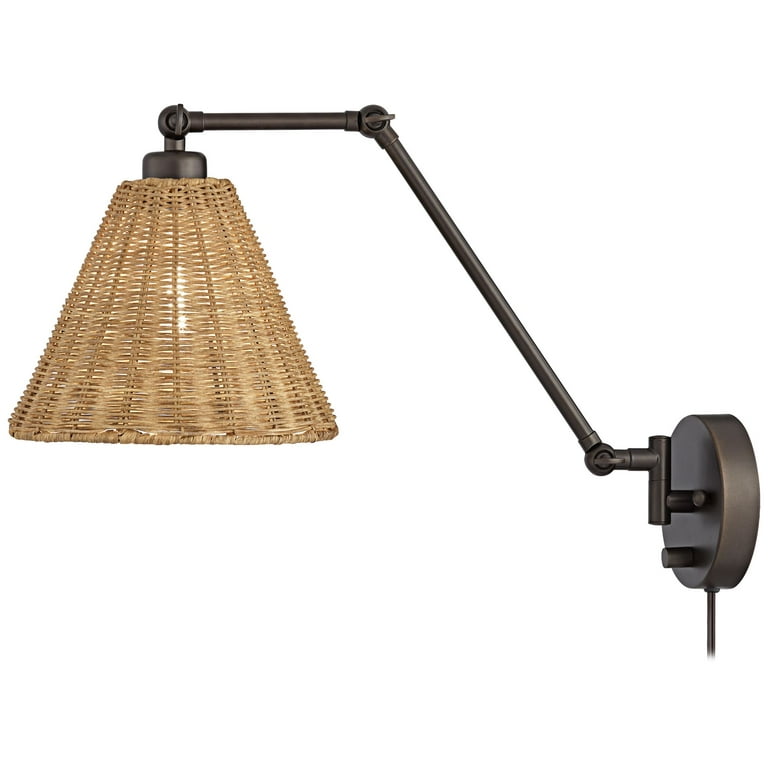 Barnes and Ivy Rowlett Swing Arm Adjustable Wall Mounted Lamp with Cord Bronze Plug-In Light Fixture Natural Rattan Shade for Bedroom Bedside House