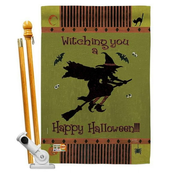 Breeze Decor BD-HO-HS-112053-IP-BO-D-US12-SB 28 x 40 in. Witching You Fall Halloween Impressions Decorative Vertical Double Sided House Flag Set with Pole Bracket Hardware