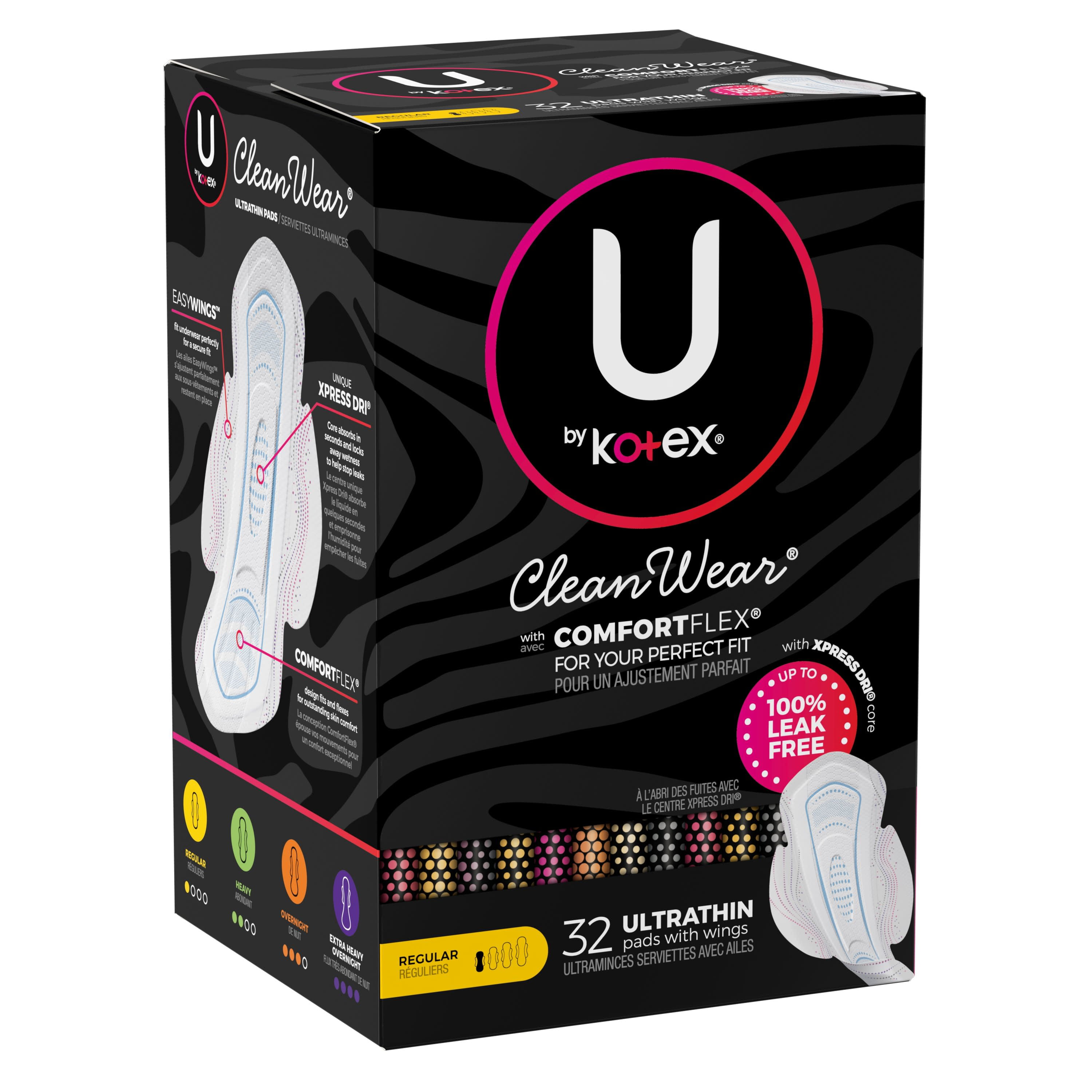 U by Kotex CleanWear Ultra Thin Feminine Pads with Wings, Regular