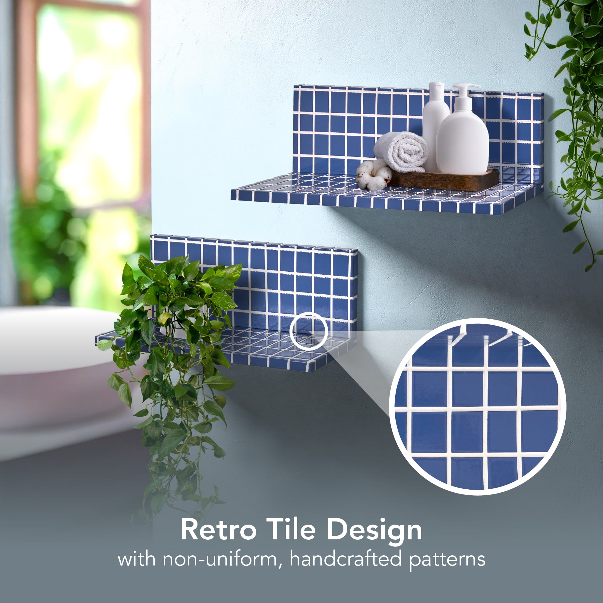American Art Decor 2pc Stylish Retro Wavey Tile Floating Shelves for Wall & Storage - Blue