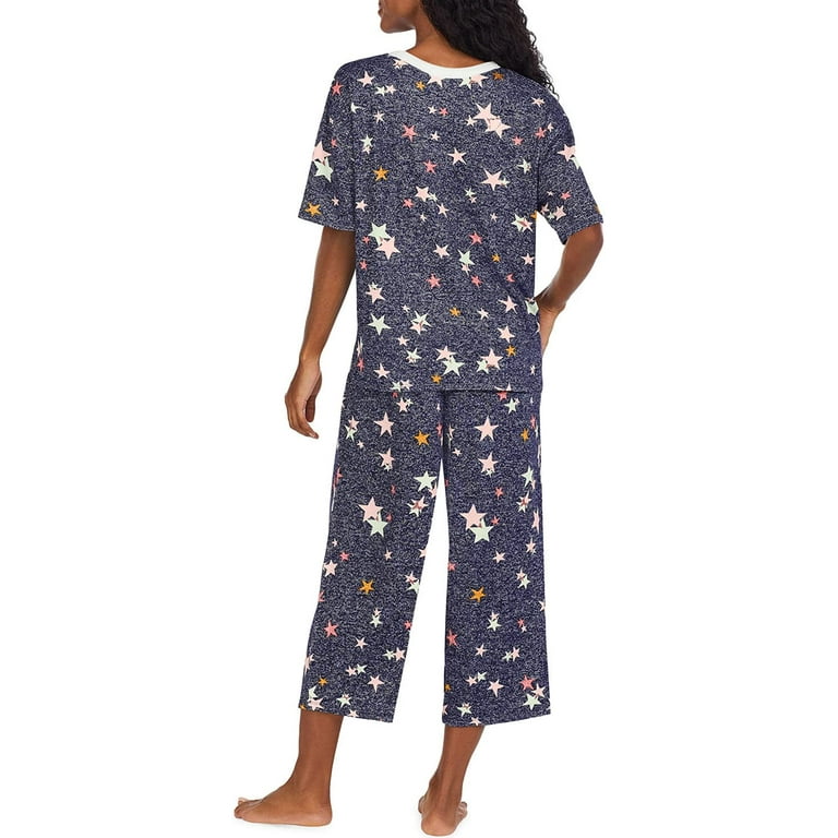 DKNY Women s Elastic Waistband Capri Short Sleeve Pajama Set Navy Star XL Walmart