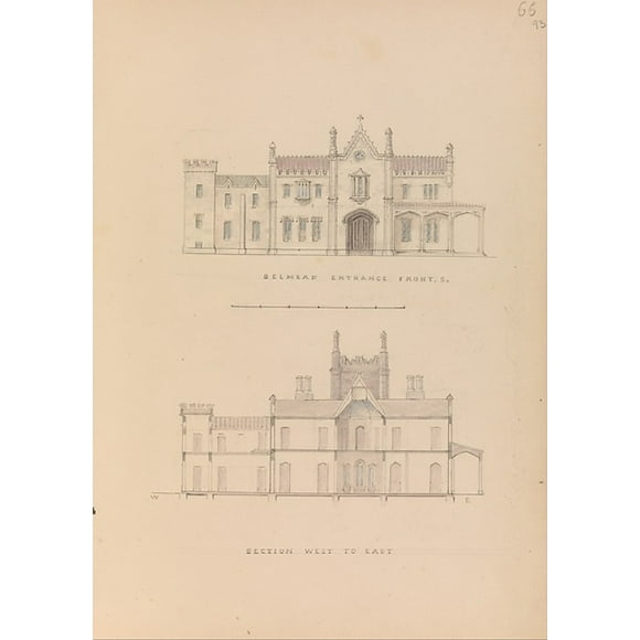 Belmead, James River, Virginia: Entrance façade and west-east section (recto); North-south section and upper floorplan