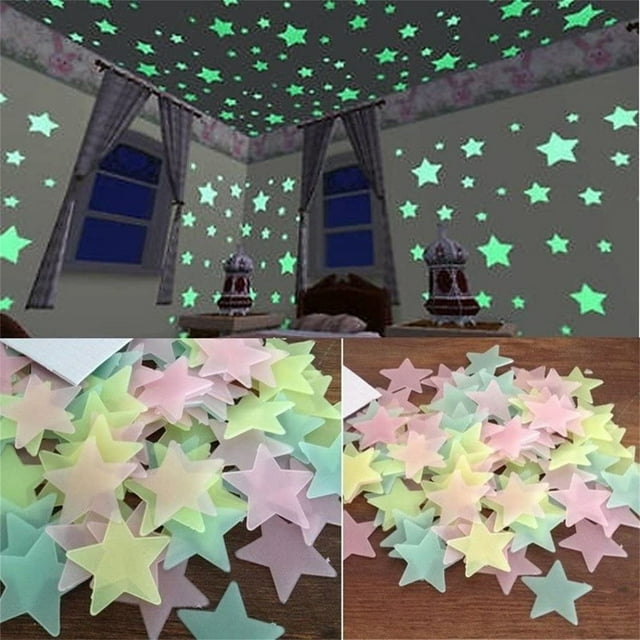 Fiudx Pegatinas de Pared Que Brillan En La Oscuridad, Diseño Fluorescente Colorido, Decoración de Pared con Estrellas Luminosas, Decoración de Techo para Dormitorio, Mezcla de Rojo, Amarillo y Azul,
