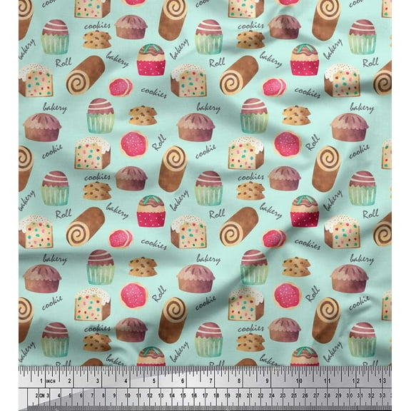 Soimoi Green Cotton Duck Fabric Text & Cupcakes Food Print Sewing Fabric Yard 42 Inch Wide