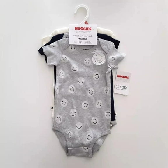 Huggies 6M Super Soft Bodysuit 3-Pack Organic Cotton Blue Gray Ivory