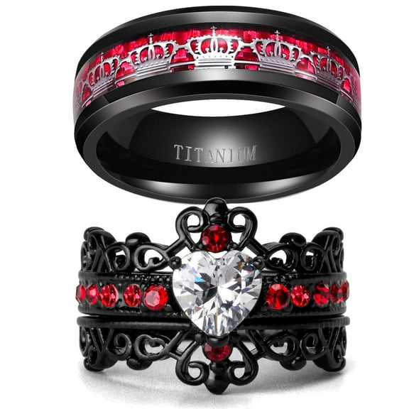 Black Crown Matching Rings Couple Ring Red 1CT CZ Women Wedding Ring Set Male Titnaium Ring