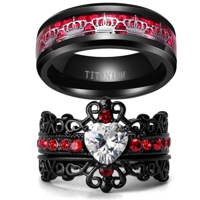 Eenzaamheid Continu krant Black Crown Matching Rings Couple Ring Red 1CT CZ Women Wedding Ring Set  Male Titnaium Ring - Walmart.com