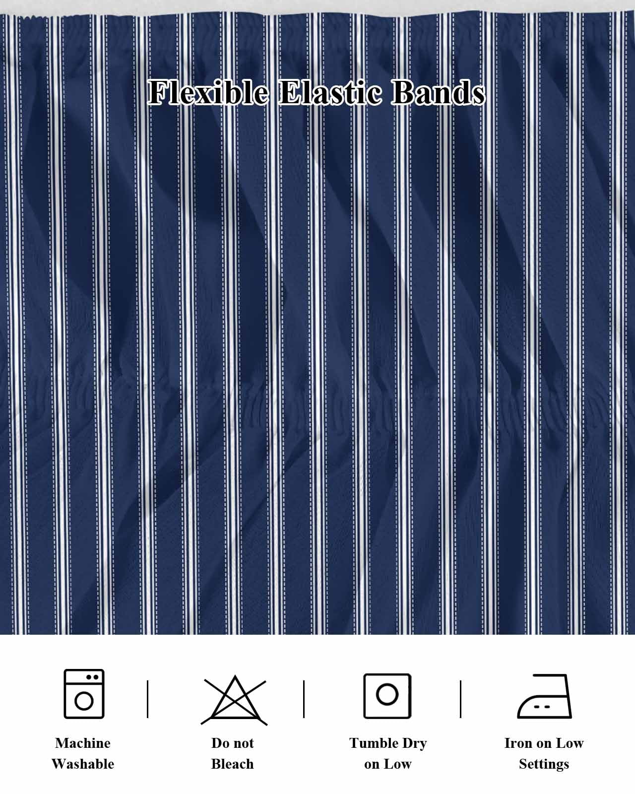 Navy Blue Striped Bed Skirt Queen Size, Navy Blue White Farmhouse Stripes Wrap Around Bed Skirting with Adjustable Elastic Strap, Dust Ruffle Pleated Bedskirts 18 Inch Drop for Bedroom Queen Beds